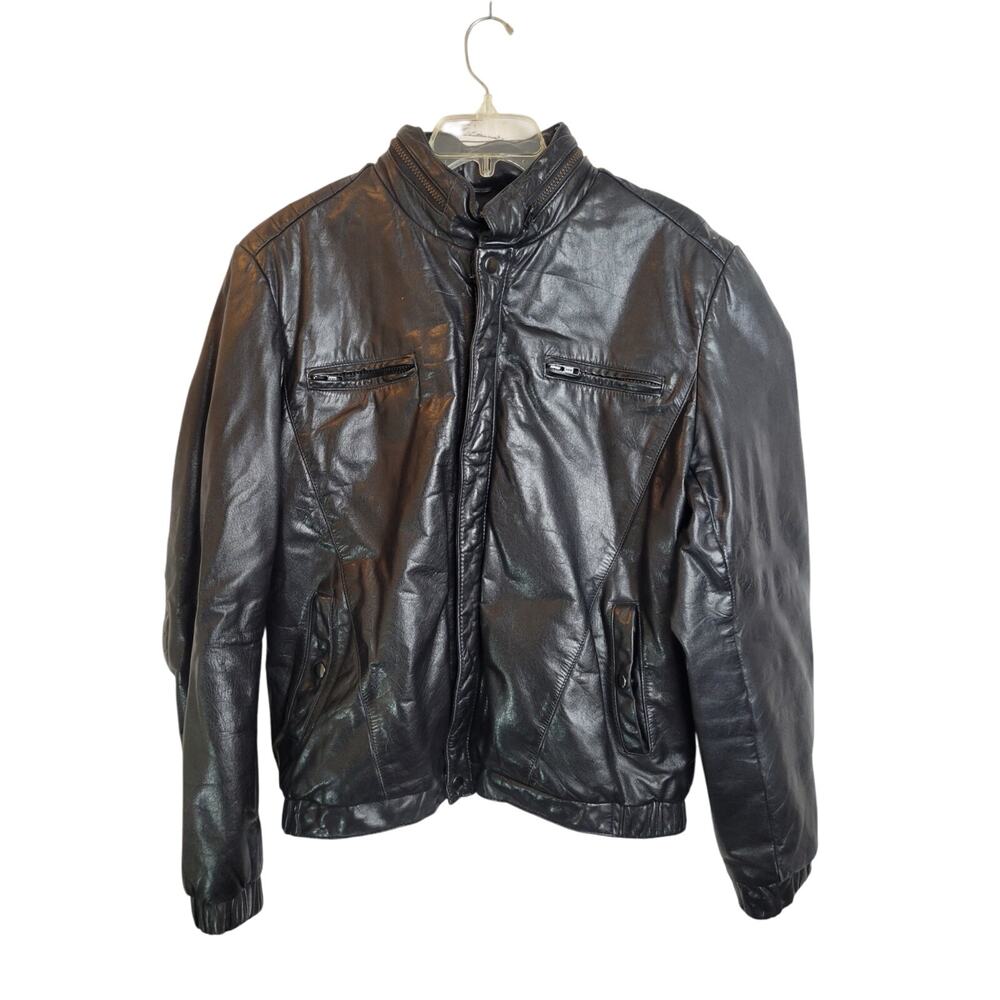 Berman's Black Leather Bomber Jacket‎ Full Zip Hooded Motorcycle Men's Size 42L